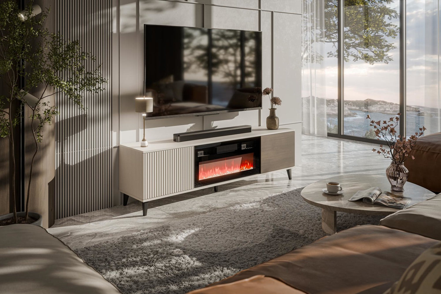 TV galdiņš ar kamīnu Berlin 180/40/52 cm kašmirs/valrieksts - N1 Home