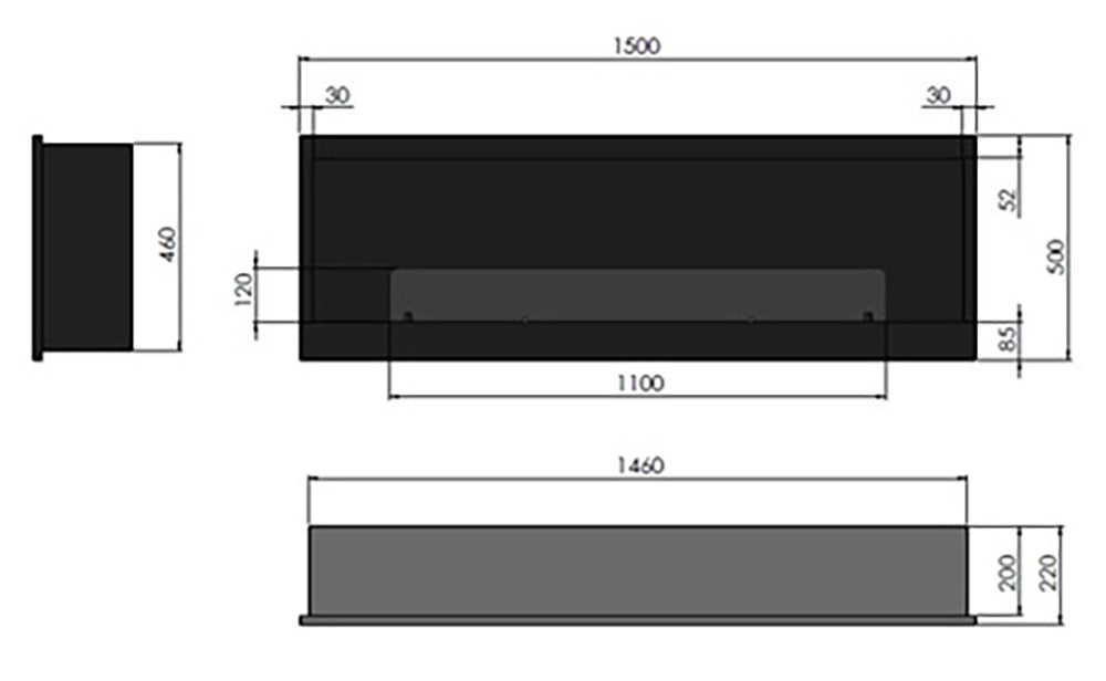 Biokamīns Insi 90/50/16; 120/50/20; 150/50/22 cm melns - N1 Home