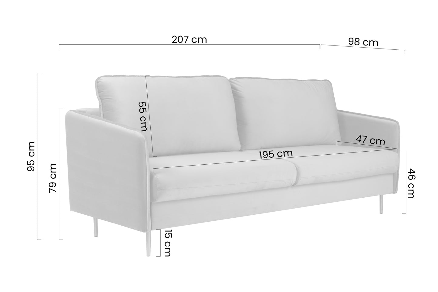 Dīvāns Tai 207/95/98 cm Gemma 86/zelts kājas - N1 Home