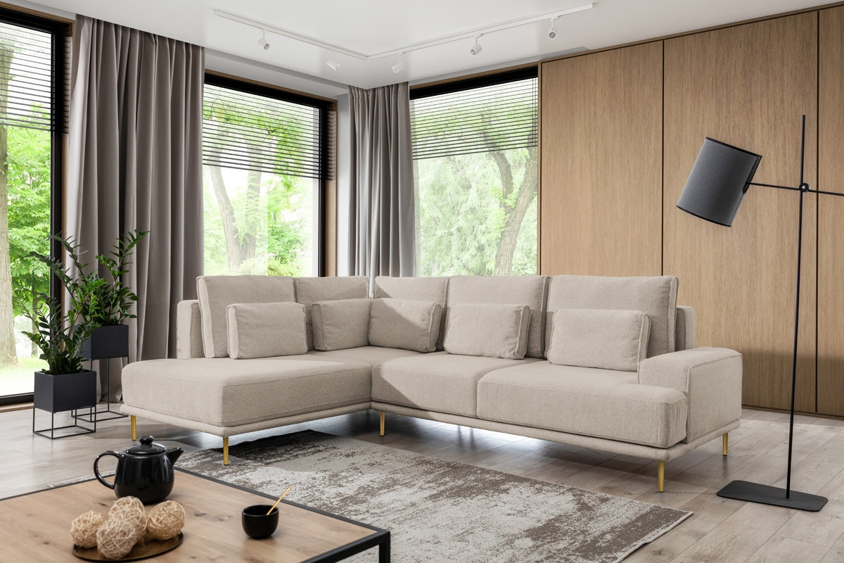 Dīvāns AUSTIN kreisais stūris zelta kājas 277/70-93/200 cm krēms - N1 Home