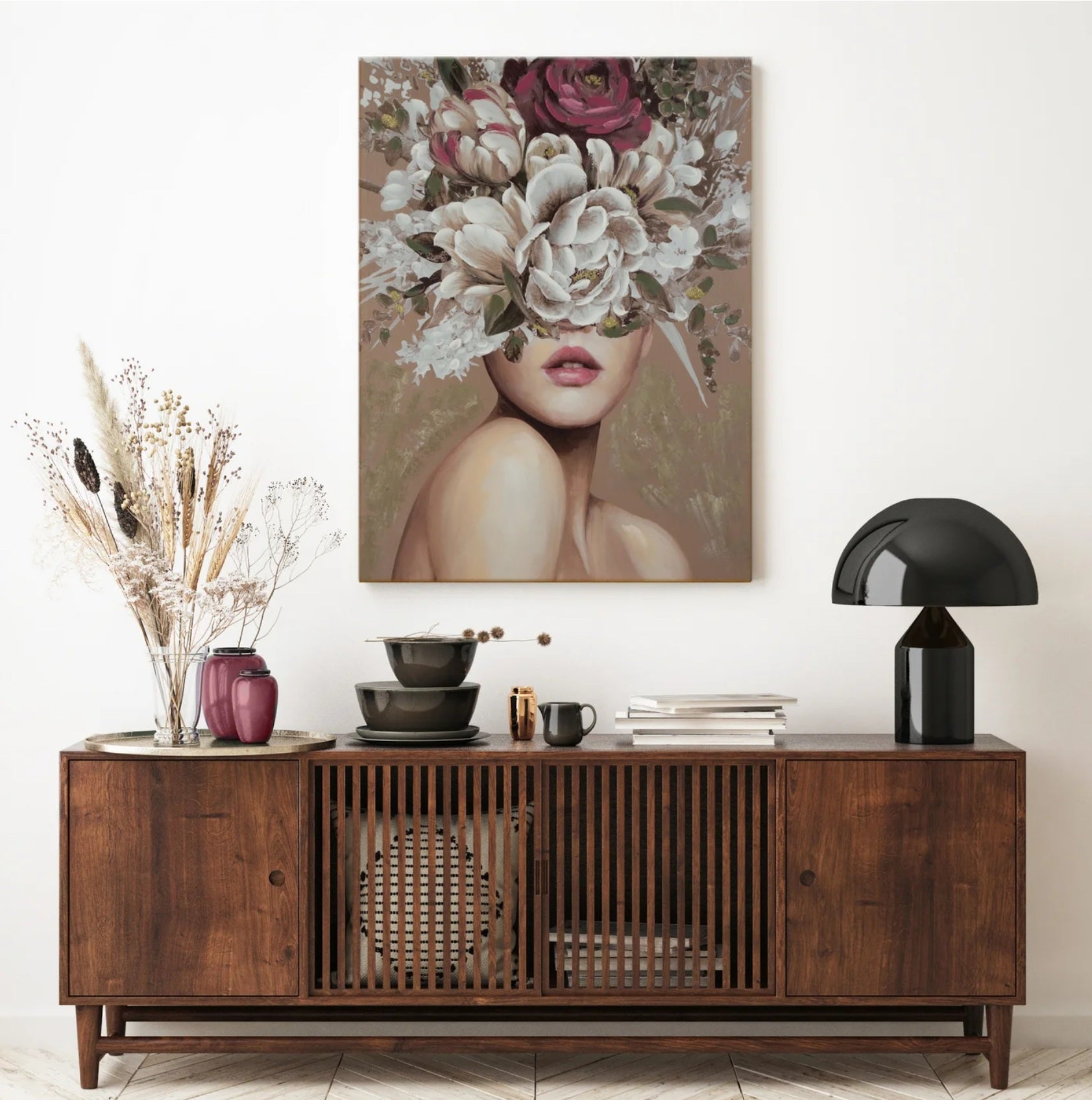 Glezna, ar roku gleznota uz audekla, sievietes portrets ar ziediem uz galvas 60/80 cm - N1 Home
