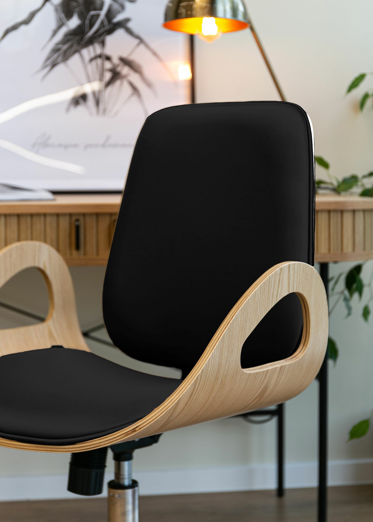 Grozāms koka krēsls Buro, melns eko-āda/saplāksnis 91/56/58 cm - N1 Home