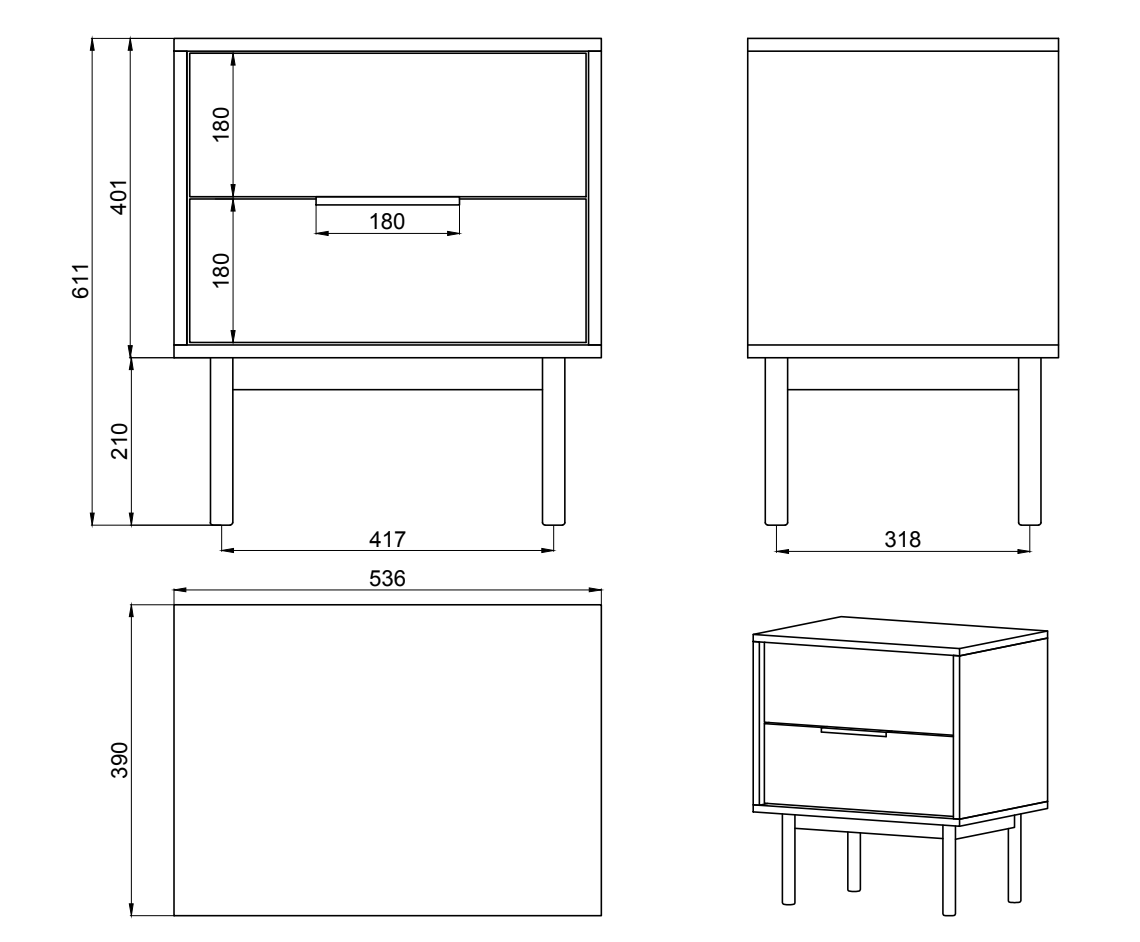 KIARO Naktsskapītis ar divām atvilktnēm, 54 cm, melns - N1 Home