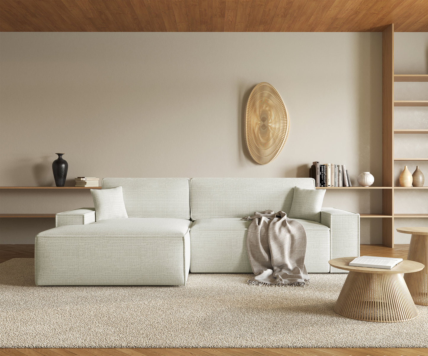 REFESE L-veida dīvāns ar gulēšanas funkciju un glabāšanas kasti, gaiši pelēks šenils, kreisa puse Cremona 01 - N1 Home