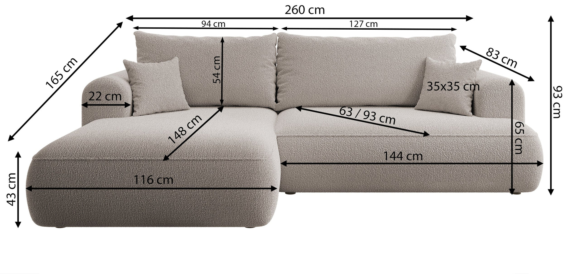 Dīvāns Ovors 260/93/165 cm Castel 80 - N1 Home
