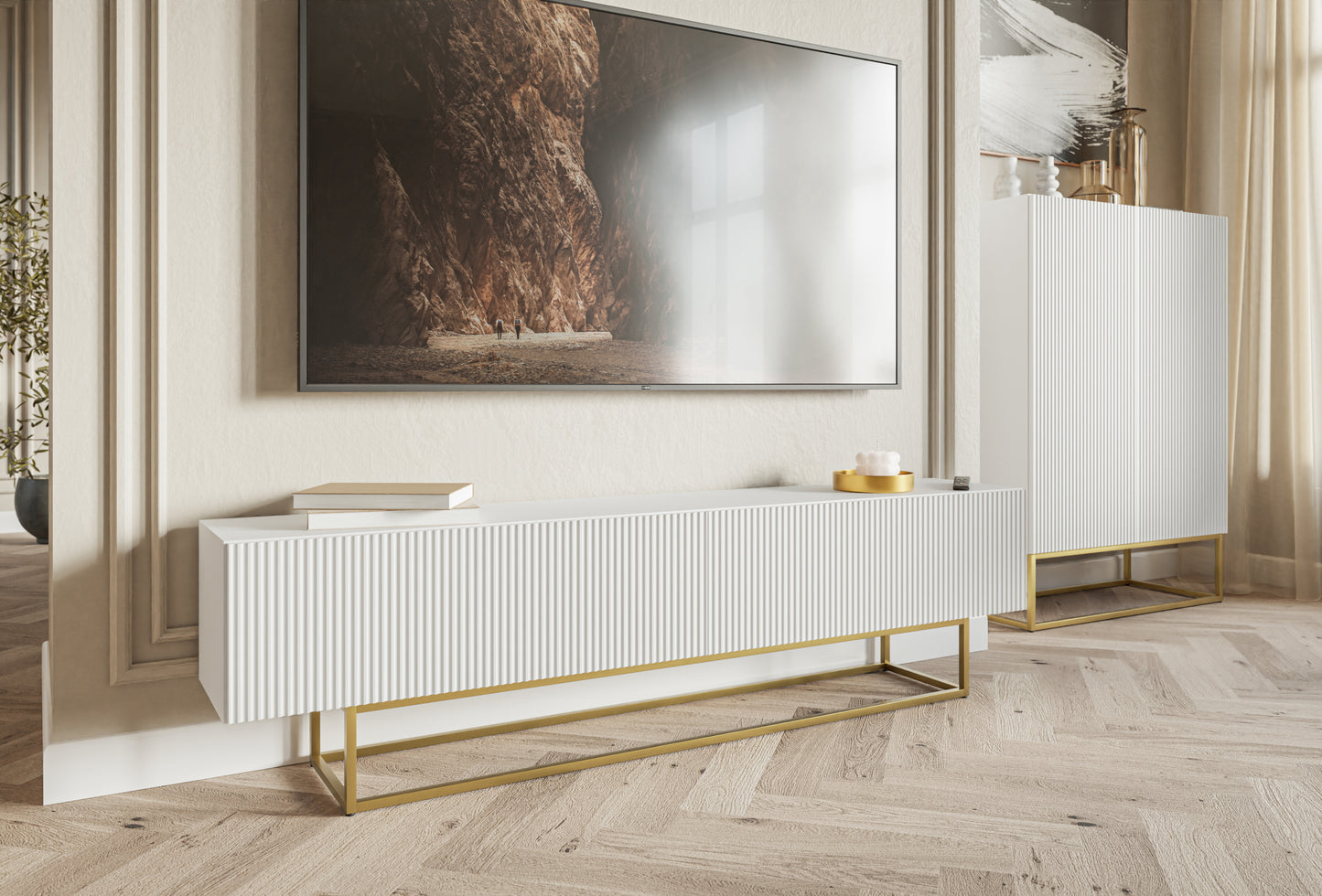 TV skapis Velda 175/46/31 cm balts/zelts