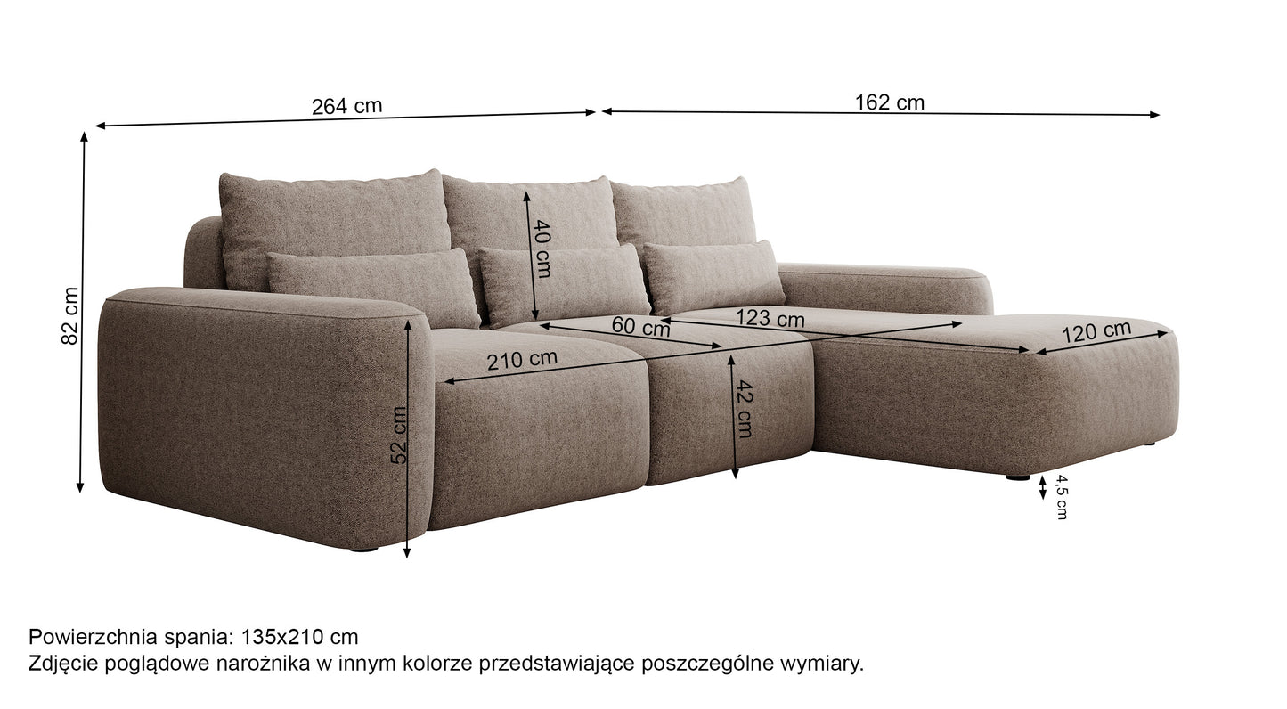 GARN L-formas stūra dīvāns ar gulēšanas funkciju, ar papildu jostasvietu spilveniem, krēmkrāsas šenila, laba/kreisa puse - N1 Home