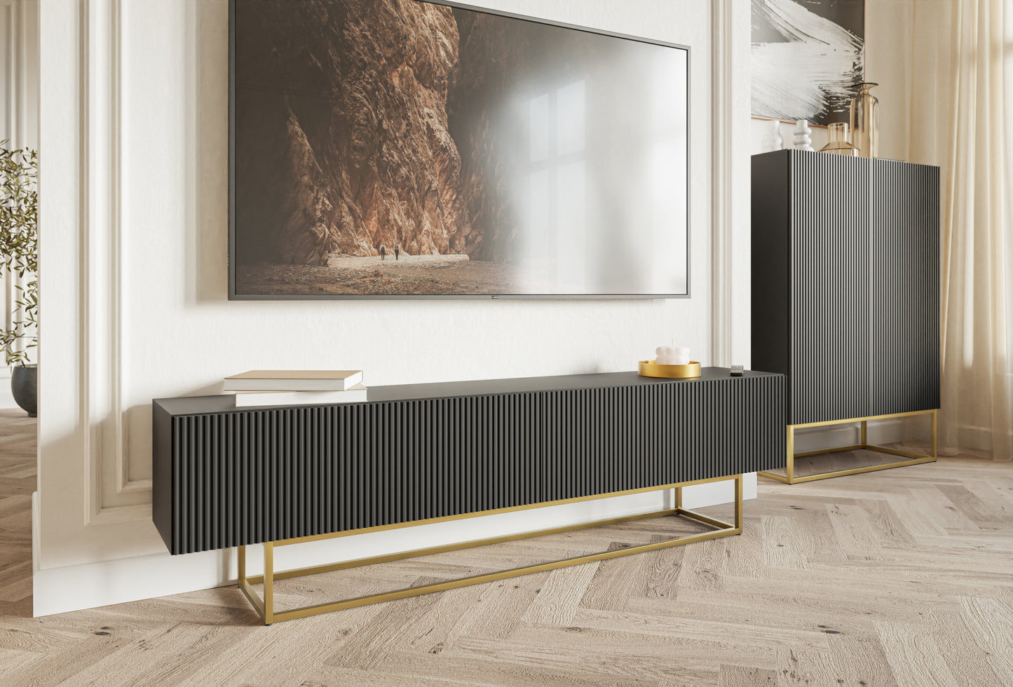 TV skapis Velda 175/46/31 cm melns/zelts