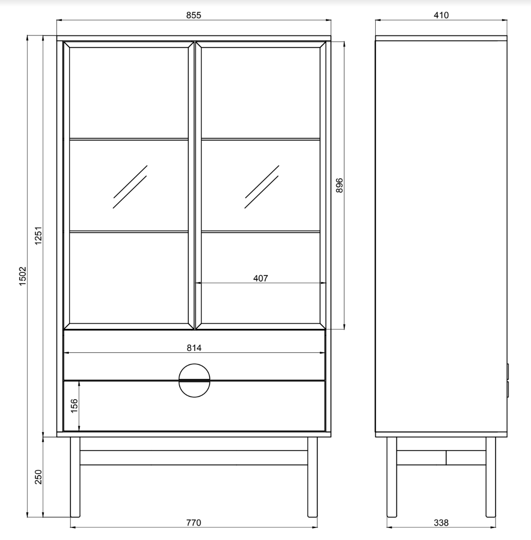 LOON 85 cm zema vitrīna ar trim plauktiem un divām atvilktnēm 85 cm, bēšs/kapučīns