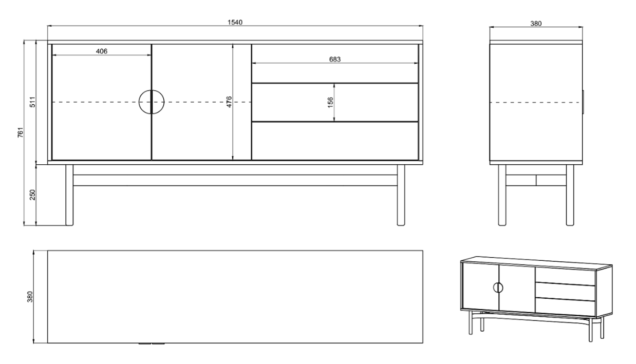 LOON Divu durvju TV skapis ar trim atvilktnēm, 154 cm, melns - N1 Home