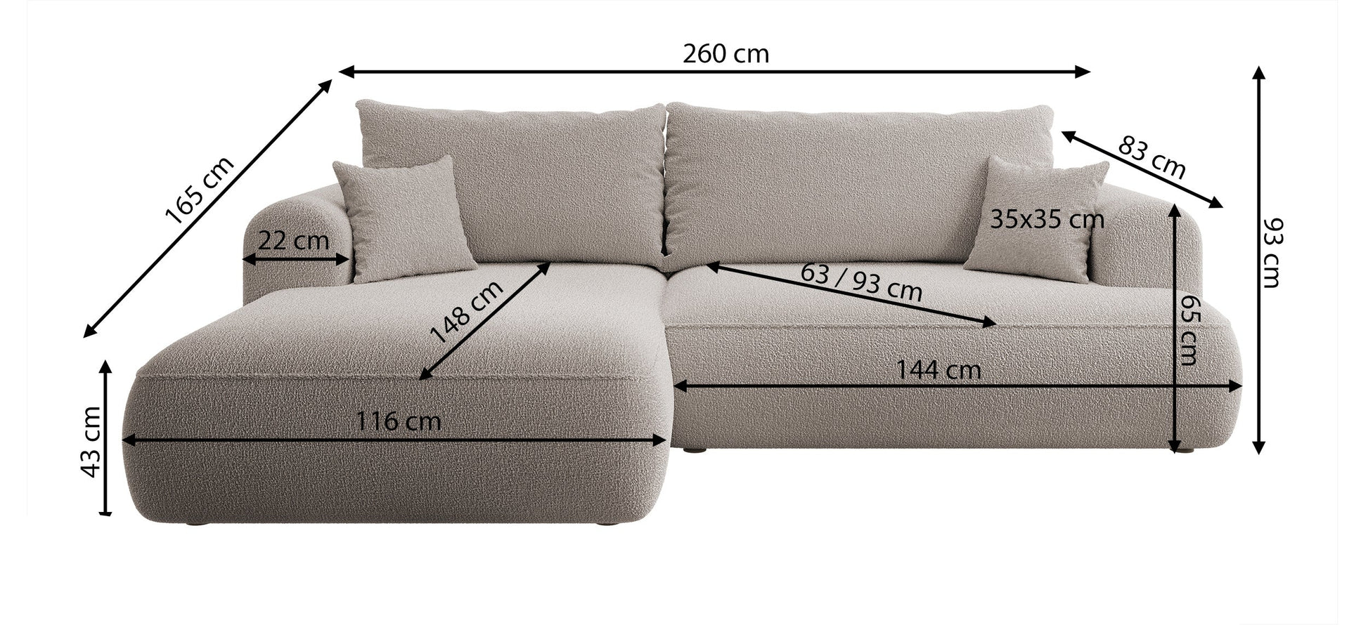 Dīvāns Ovors 260/93/165 cm Castel 93 - N1 Home