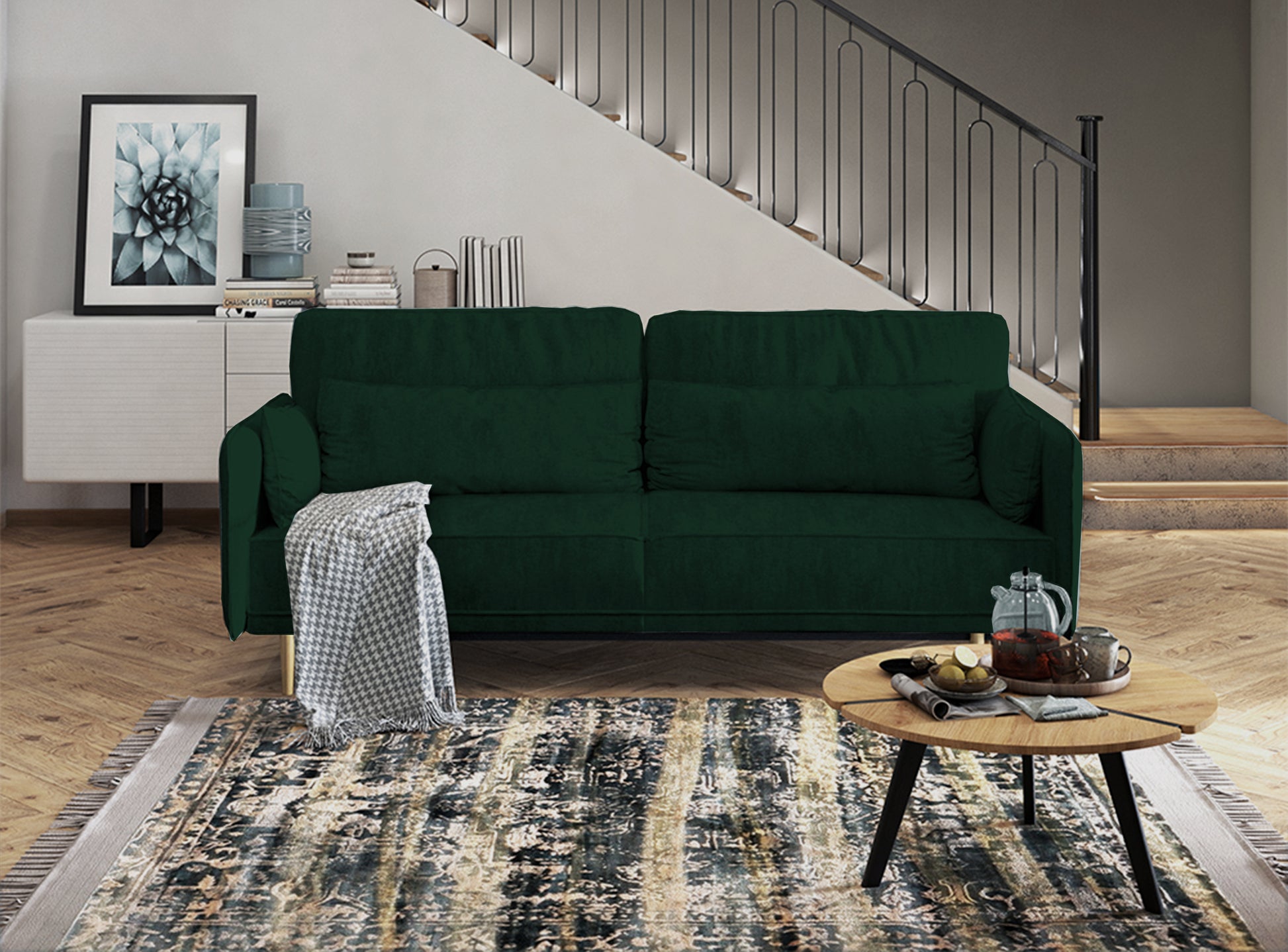 DERSPI Trīsvietīgs dīvāns, tumši zaļš, hidrofobs samts - N1 Home