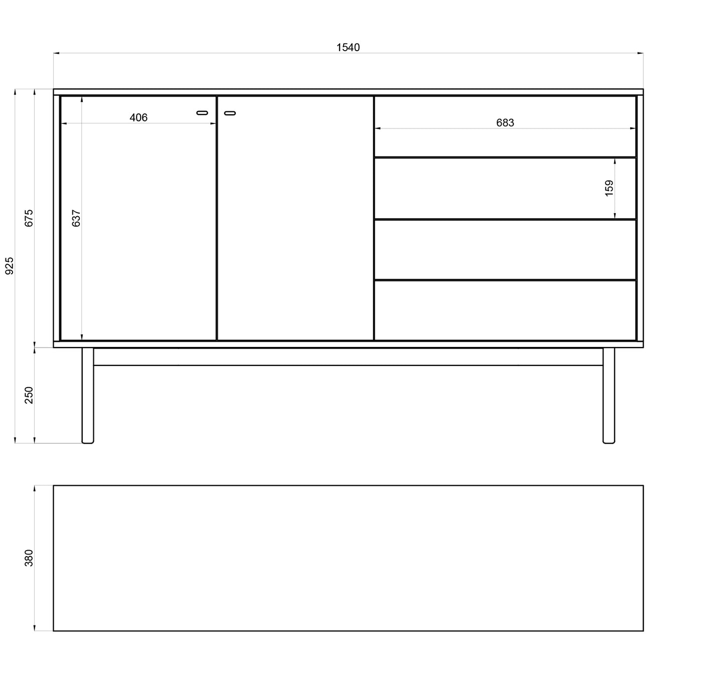 NOLAR Divdurvju kumode ar četrām atvilktnēm, 154 cm, melns - N1 Home