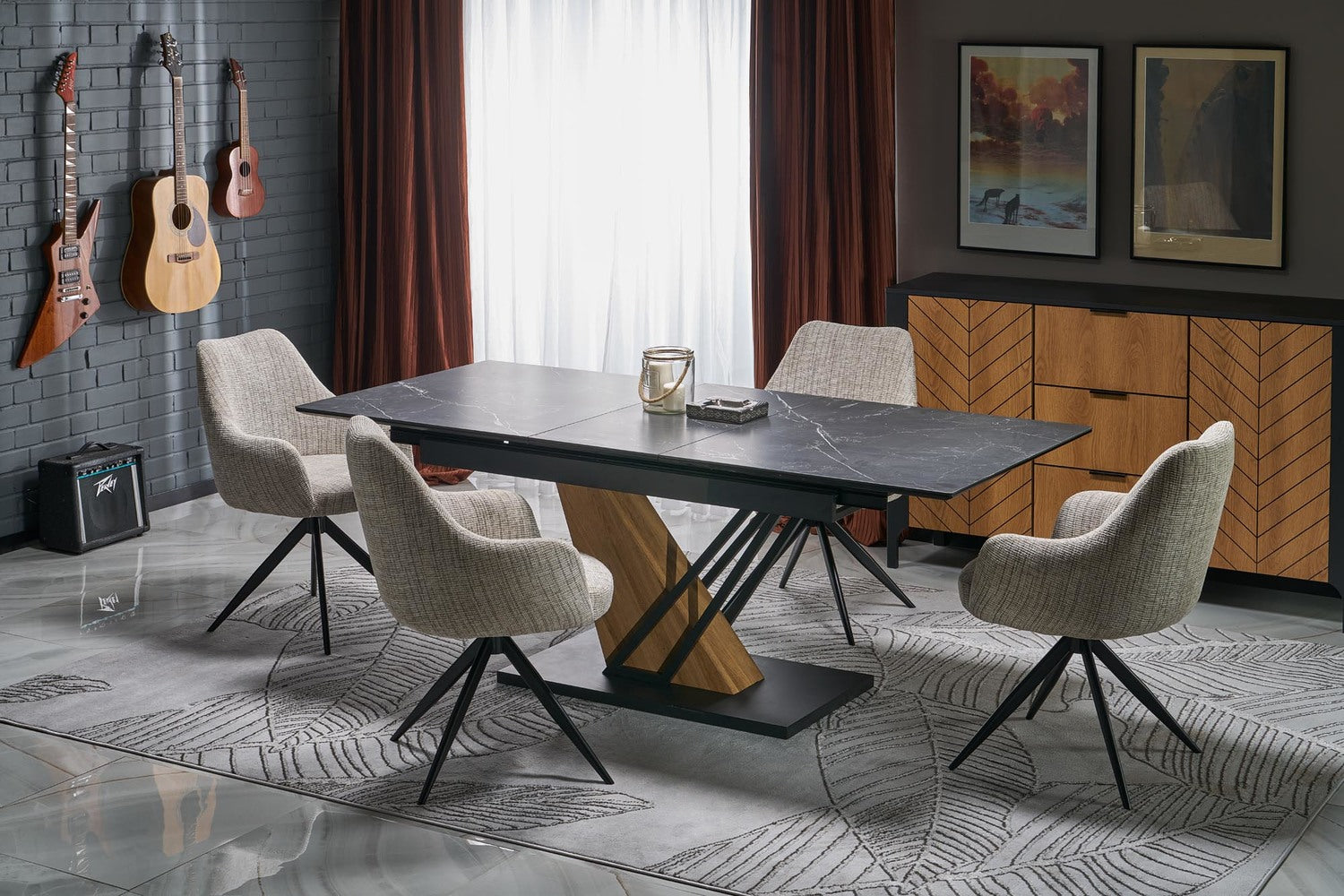 Galds Volans 140; 160/90/67 cm melns marmors/ozols - N1 Home