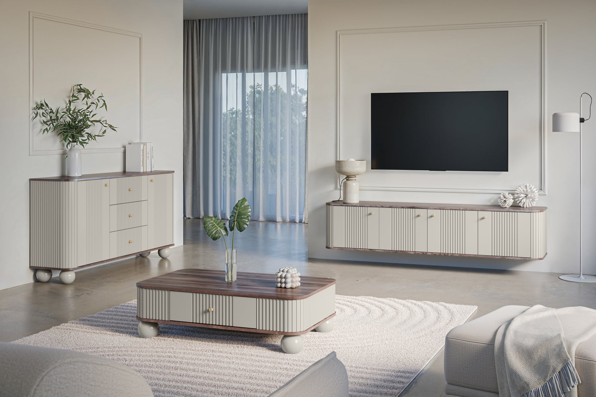 TV skapis Vespa 187/36/38 cm kašmirs/rieksts/zelts - N1 Home