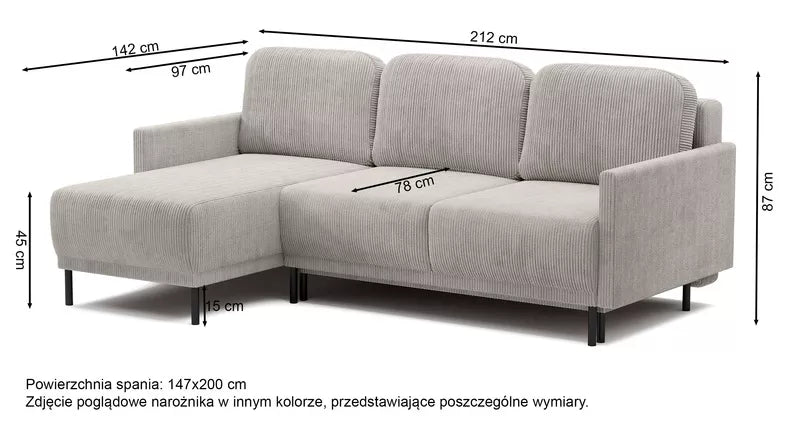 NOMIEL L-formas izvelkamais stūra dīvāns ar konteineru, universāls gaiši smilškrāsas velvets