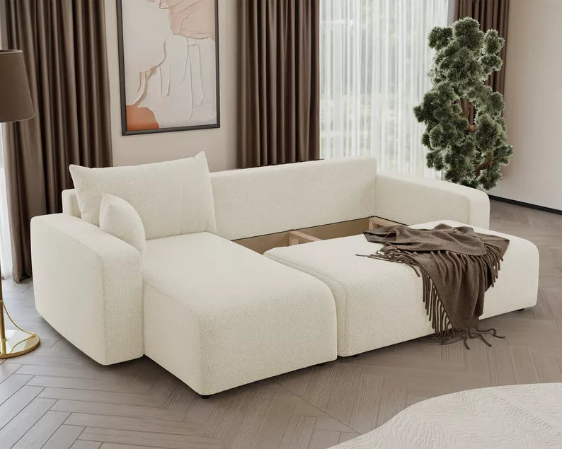 NONIPIA L-formas stūra dīvāns ar gulēšanas funkciju, ar konteineri, universāls, krēmkrāsas bukle - N1 Home