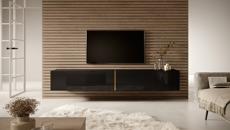 SIRABI TV skapis, 200 cm, melns ar zelta ieliktni - N1 Home