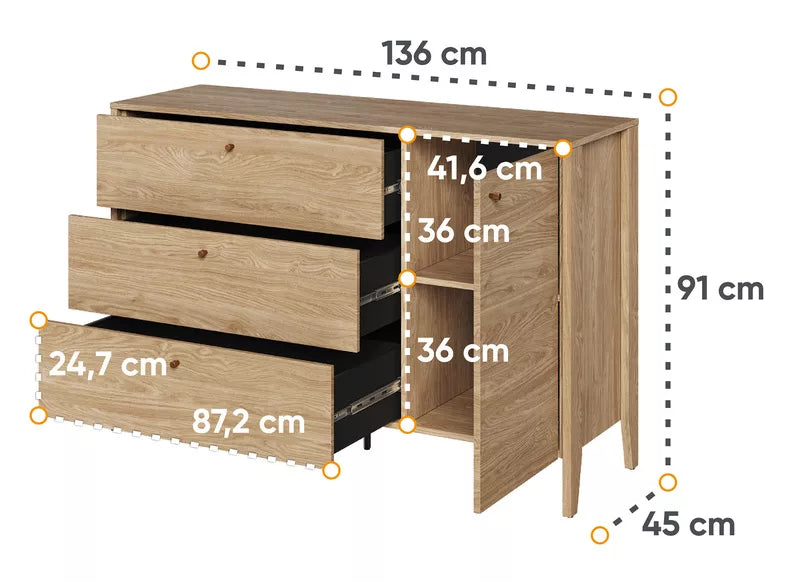 ZOCY Viendurvju kumode ar trim atvilktnēm, 136 cm, eļļots ozols