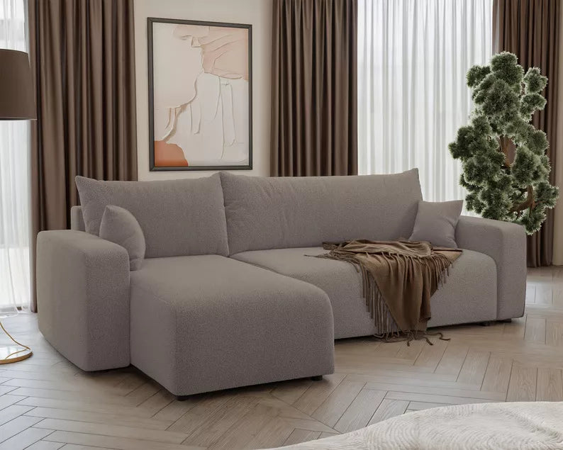 NONIPIA L-formas stūra dīvāns ar gulēšanas funkciju, ar konteineri, universāls, gaiši brūns bukle - N1 Home