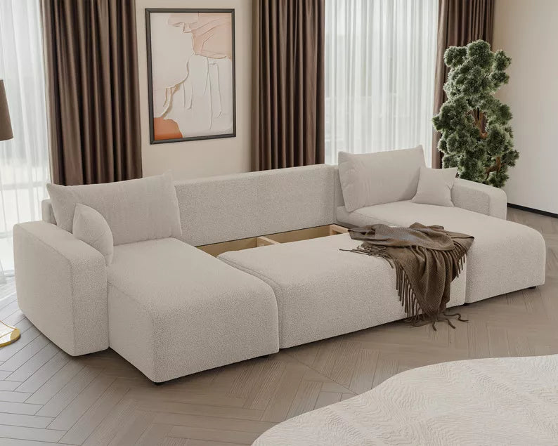 NONIPIA U-formas stūra dīvāns ar gulēšanas funkciju, ar konteineri, universāls, gaiši bēšs bukle - N1 Home