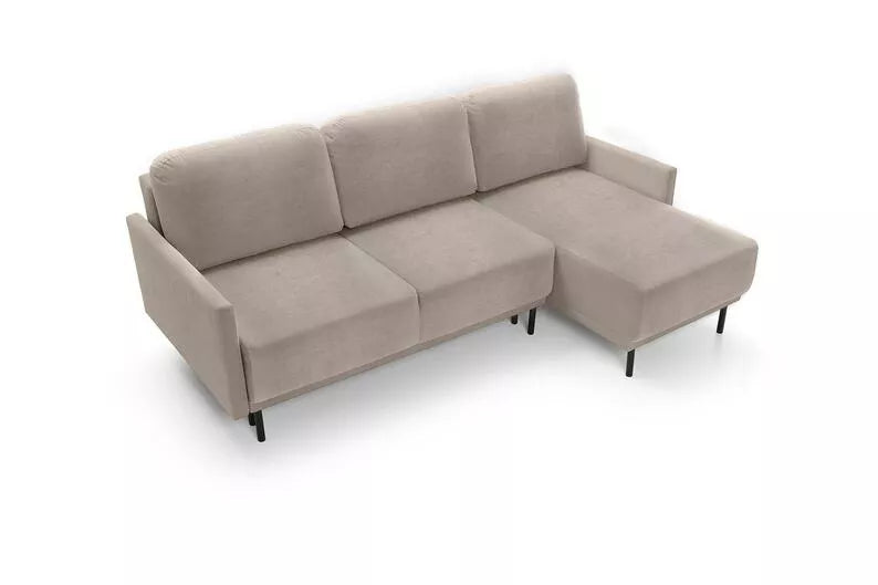NOMIEL L-formas izvelkamais stūra dīvāns ar konteineru, pelēki bēšs hidrofoba audums - N1 Home