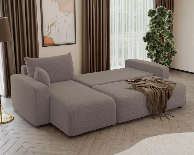 NONIPIA L-formas stūra dīvāns ar gulēšanas funkciju, ar konteineri, universāls, gaiši brūns bukle - N1 Home