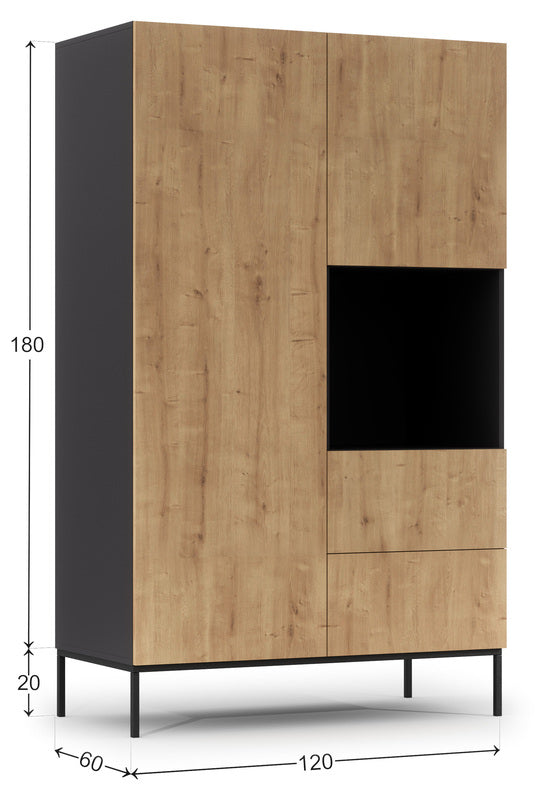 KAMAD Divdurvju skapis 120 cm ar divām atvilktnēm melns/artisan ozols - N1 Home