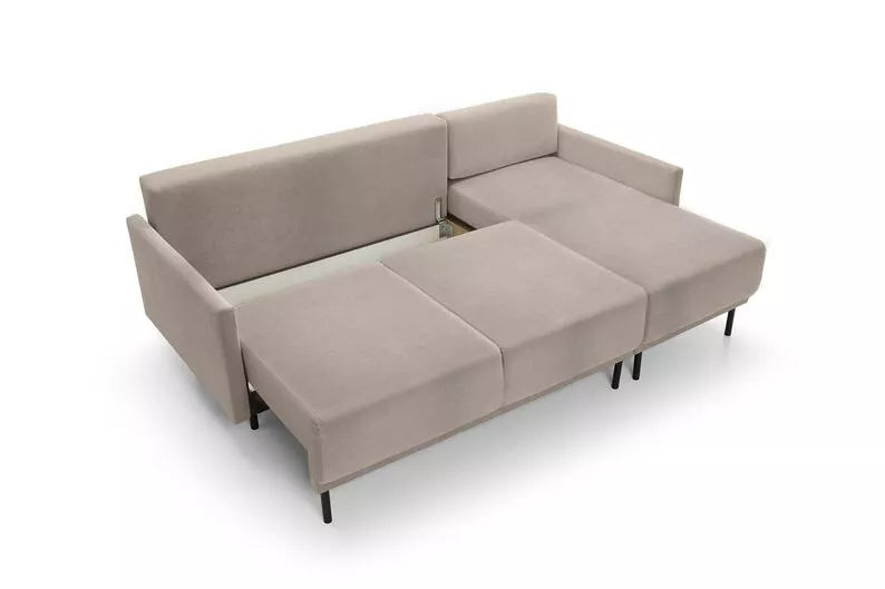 NOMIEL L-formas izvelkamais stūra dīvāns ar konteineru, pelēki bēšs hidrofoba audums - N1 Home