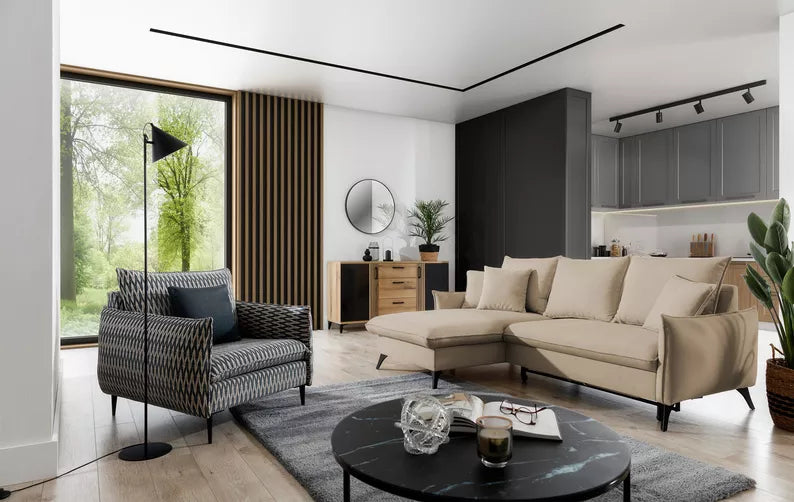 BIANOCA L-veida stūra dīvāns ar gulēšanas funkciju, ar konteineru, smilškrāsas, viegli tīrāms audums, kreisa/laba puse - N1 Home