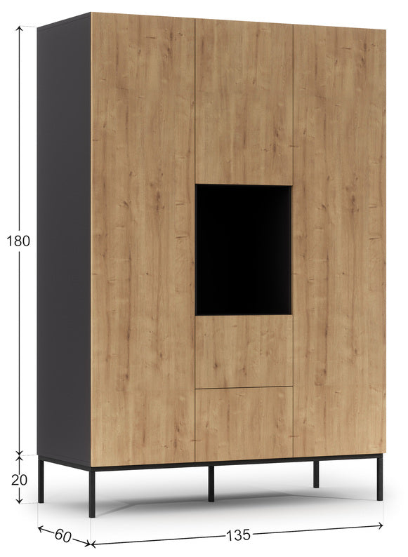 KAMAD Trīsdurvju skapis 135 cm ar divām atvilktnēm melns/artisan ozols - N1 Home