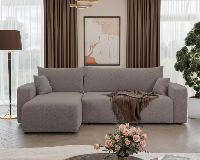 NONIPIA L-formas stūra dīvāns ar gulēšanas funkciju, ar konteineri, universāls, gaiši brūns bukle - N1 Home