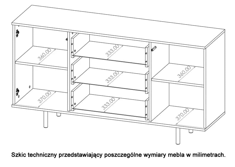 BLAZKA Divdurvju kumode, 150 cm, ar trim atvilktnēm, matēti melnas līstes