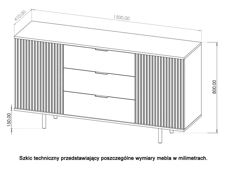 BLAZKA Divdurvju kumode, 150 cm, ar trim atvilktnēm, matēti melnas līstes