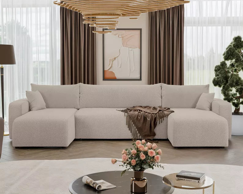 NONIPIA U-formas stūra dīvāns ar gulēšanas funkciju, ar konteineri, universāls, gaiši bēšs bukle - N1 Home