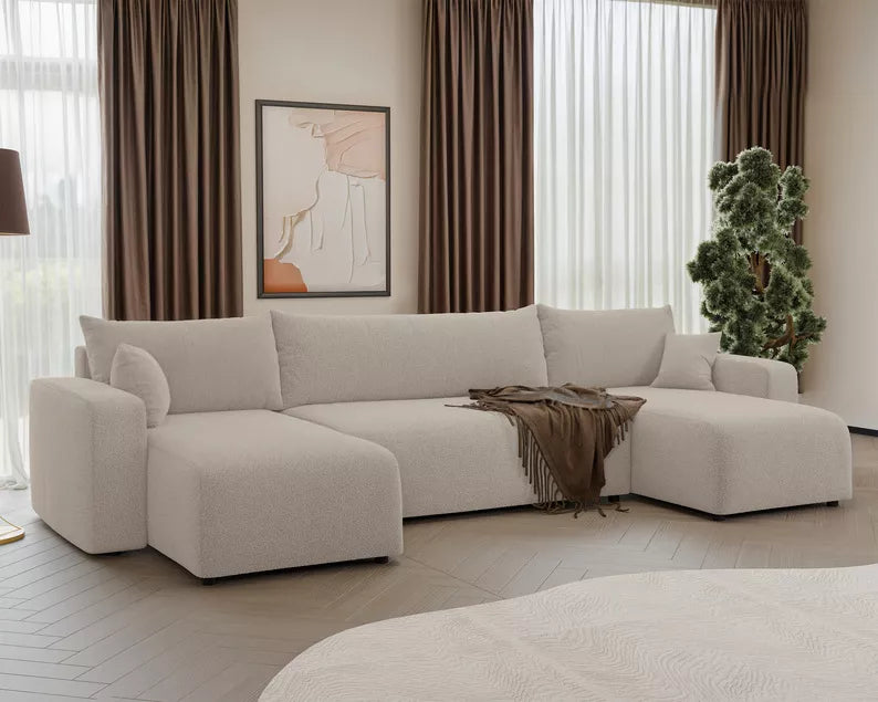 NONIPIA U-formas stūra dīvāns ar gulēšanas funkciju, ar konteineri, universāls, gaiši bēšs bukle - N1 Home