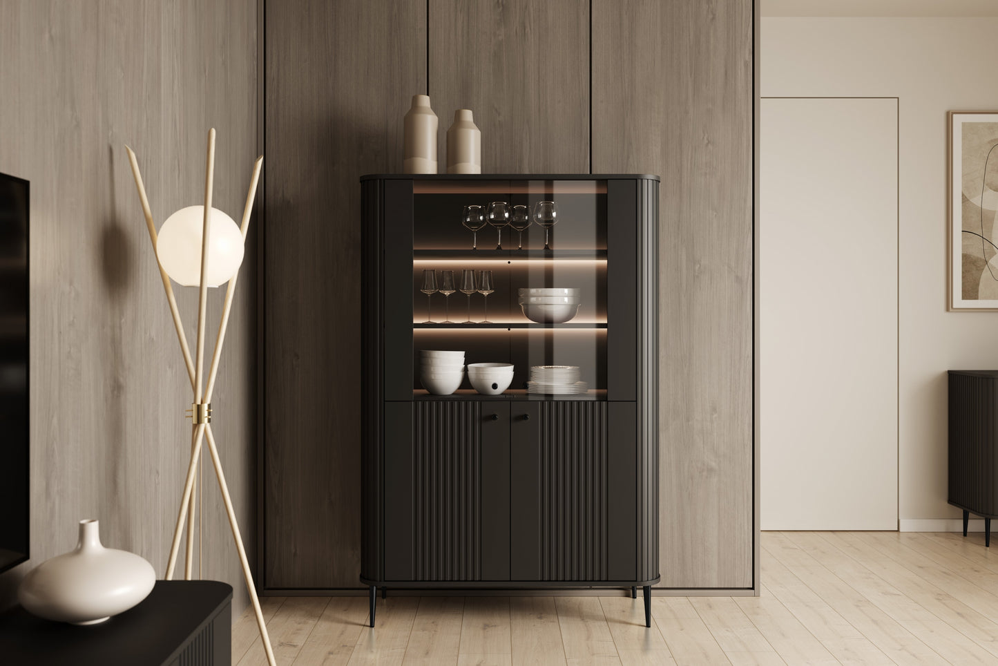 Vitrīnas skapis Vespa 103/156/38 cm melns/melns - N1 Home