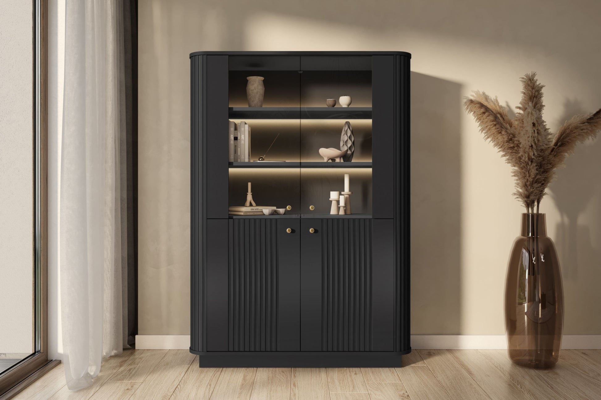 Vitrīnas skapis Vespa 103/148/38 cm melns/zelts - N1 Home