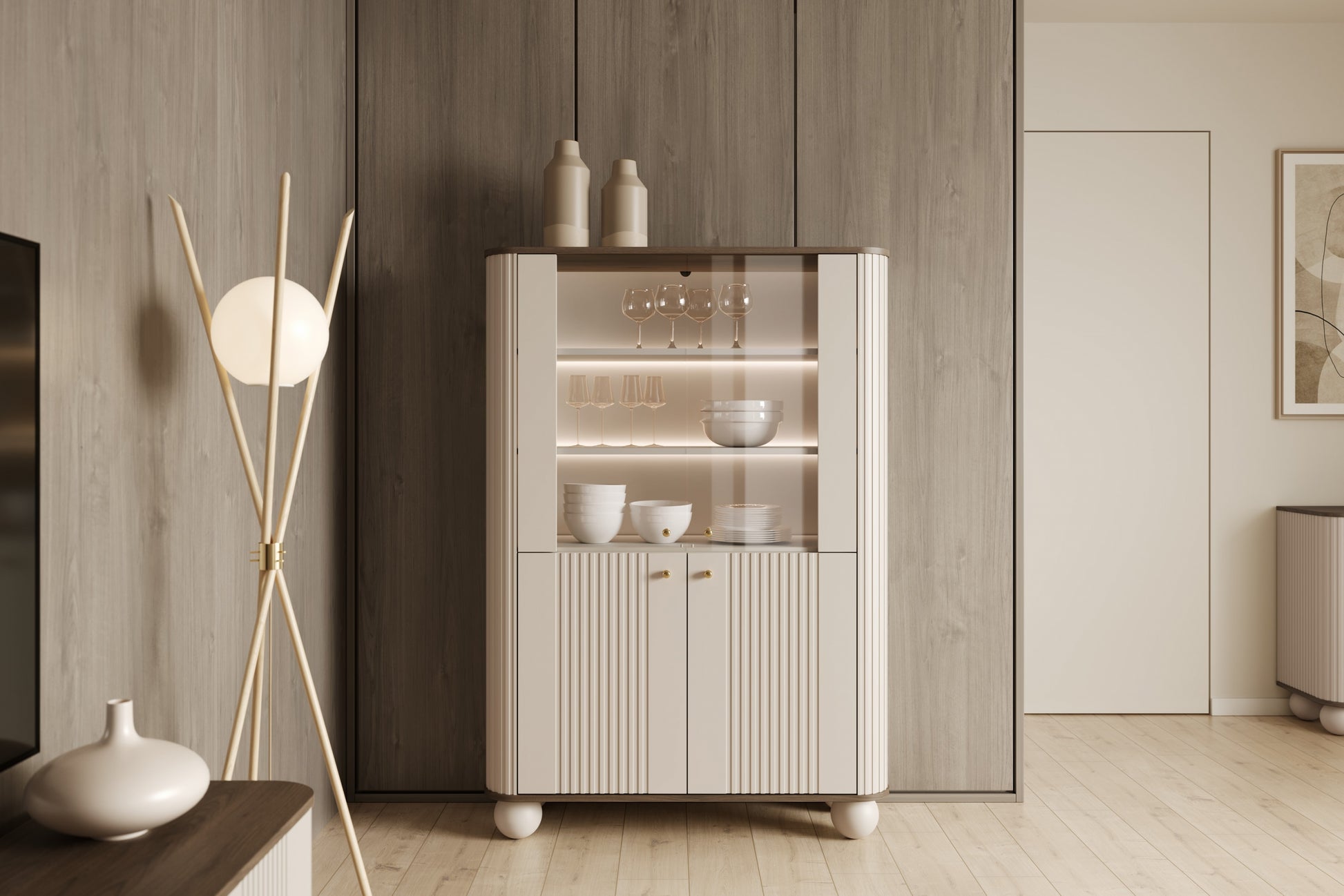 Vitrīnas skapis Vespa 103/153/38 cm kašmirs/rieksts/zelts - N1 Home